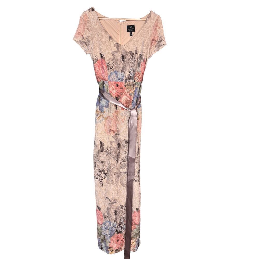 Adrianna Papell Floral Formal Gown 4 Long Lace Dress Belted Evening Mother Bride